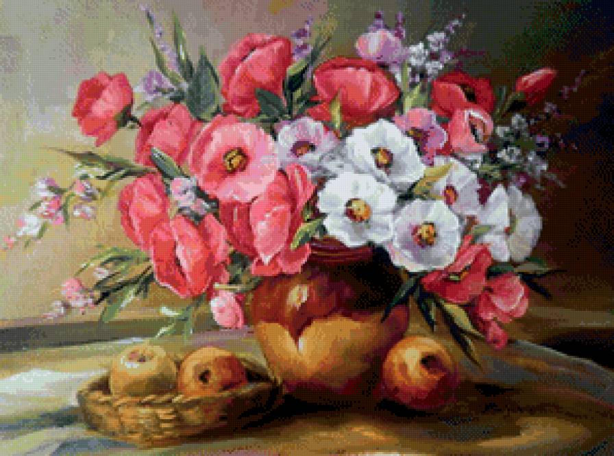 букет маков - горшок, натюрморт, маки, букет, глина, цветы, живопись - предпросмотр