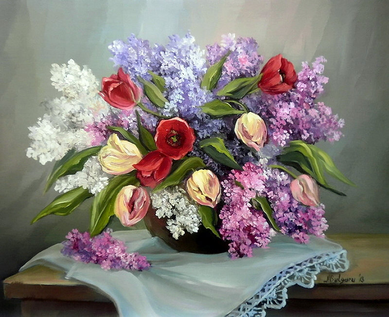 тюльпаны и сирень - тюльпаны, букет, сирень, цветы, ваза, живопись, весна, картина - оригинал