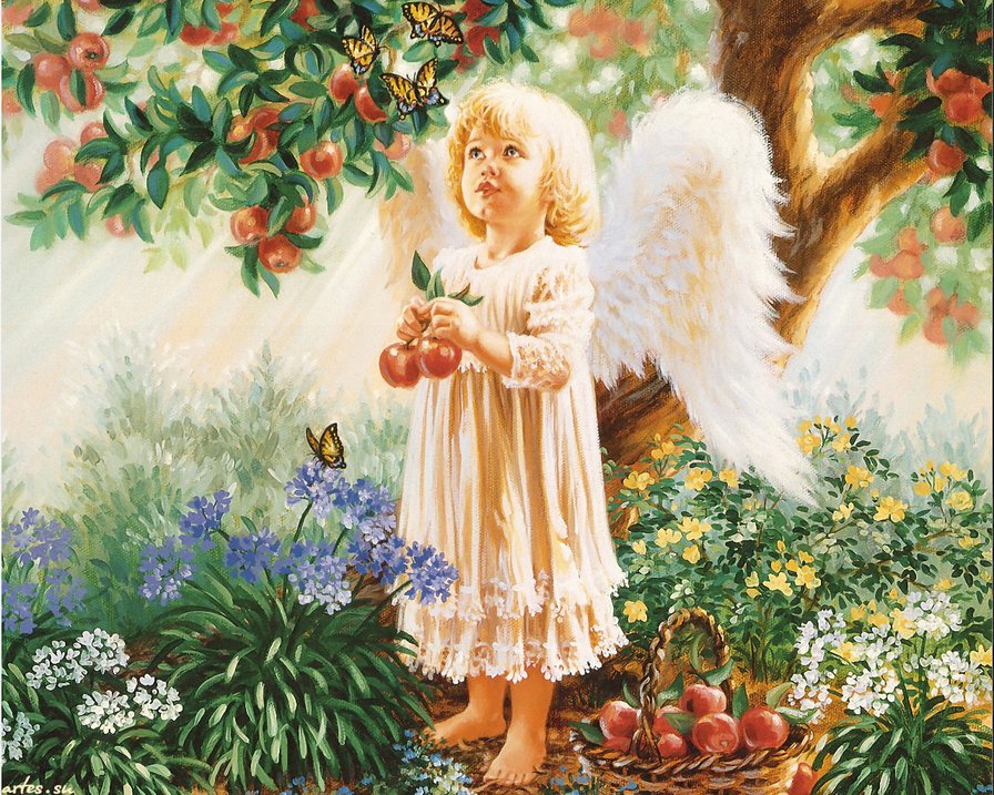 девочка ангелок - молитва, девочка, крылья, ребенок, сказка, яблоня, ангел - оригинал