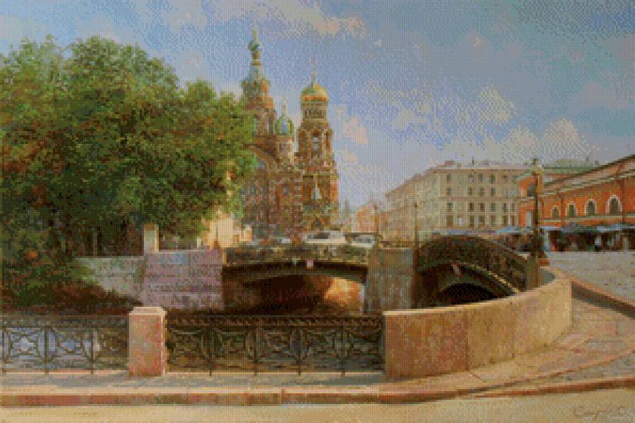 городской пейзаж - храм, живопись, город, мост, пейзаж, лето, акварель, собор - предпросмотр