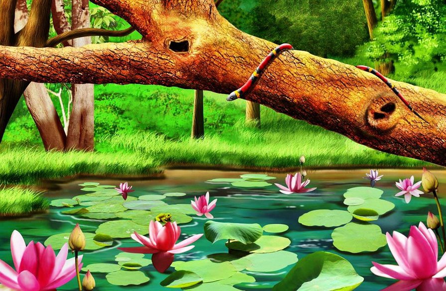 пруд с лилиями - живопись, пруд, арт, кувшинка, акварель, лилия - оригинал