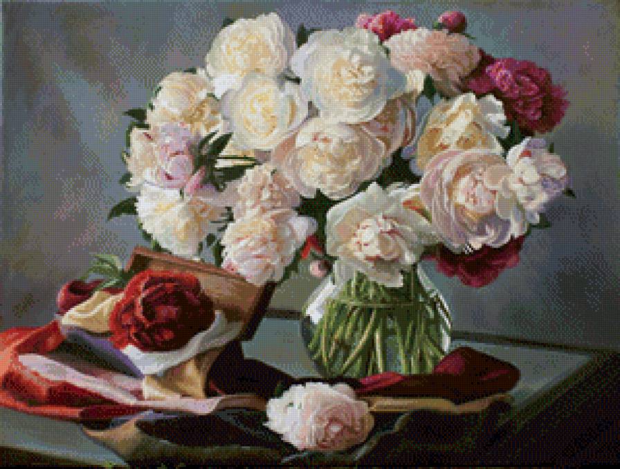 нежные пионы в вазе - весна, живопись, букет, цветы, пионы, натюрморт, ваза - предпросмотр