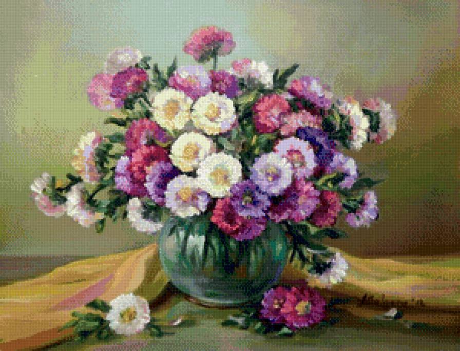 астры в вазе - астры, ваза, живопись, натюрморт, букет, цветы - предпросмотр