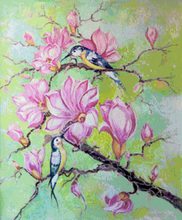 колибри на ветке магнолии - панно, цветы, магнолия, восток, ветка, птицы, колибри - предпросмотр