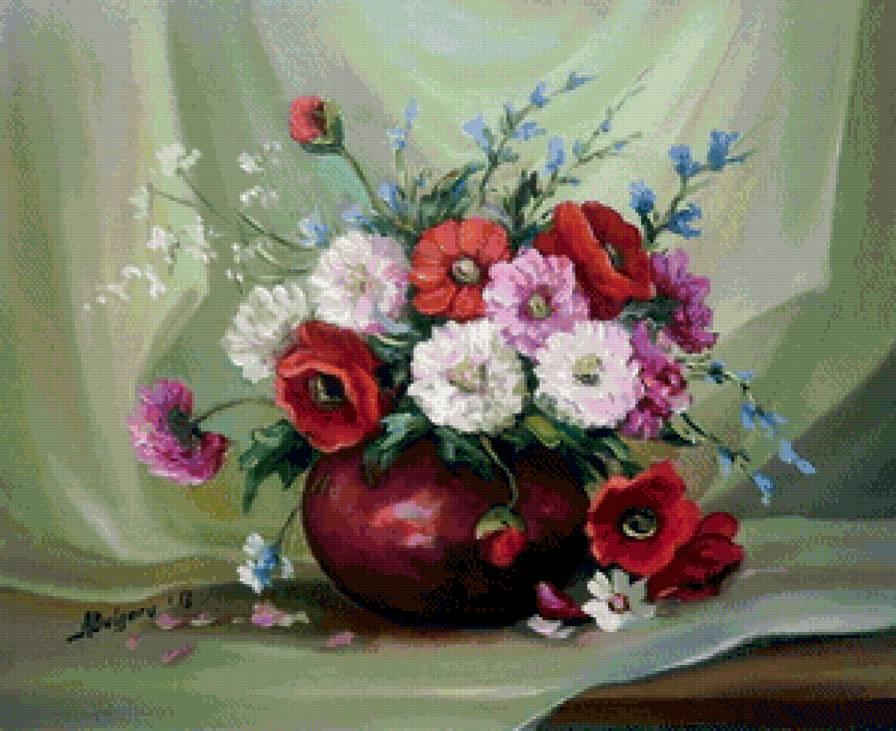 полевые цветы в ваз - маки, цветы, васильки, натюрморт, живопись, ваза, букет - предпросмотр