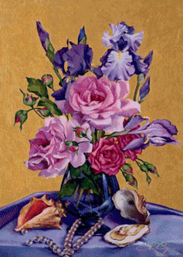 букет цветов с ракушками и жемчугом - ирисы, букет, цветы, натюрморт, ракушки, жемчуг, розы, ваза - предпросмотр