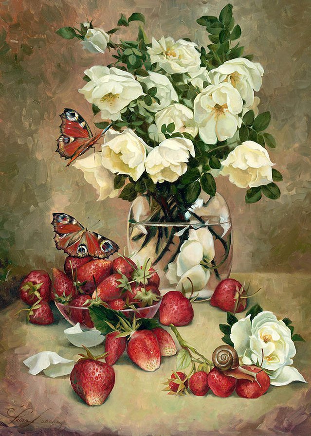 розы с клубникой - цветы, натюрморт, букет, розы, бабочки, живопись, клубника, ваза - оригинал