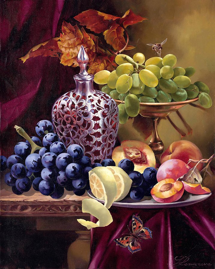 натюрморт с фруктами - натюрморт, еда, фрукты, персик, виноград, кухня, лимон - оригинал