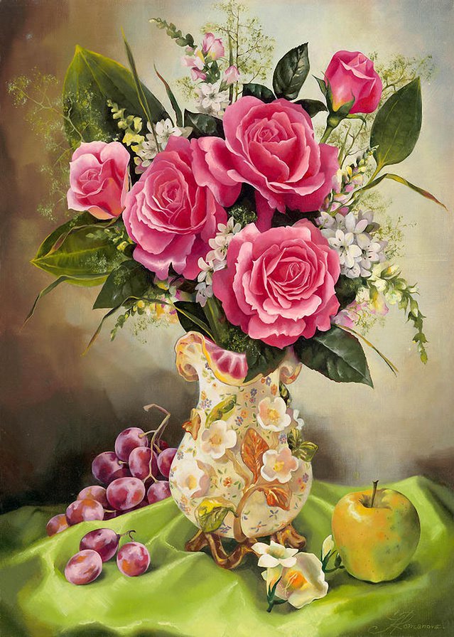 натюрморт с розами и фруктами - фрукты, натюрморт, еда, розы, ваза, кухня, виноград, букет - оригинал