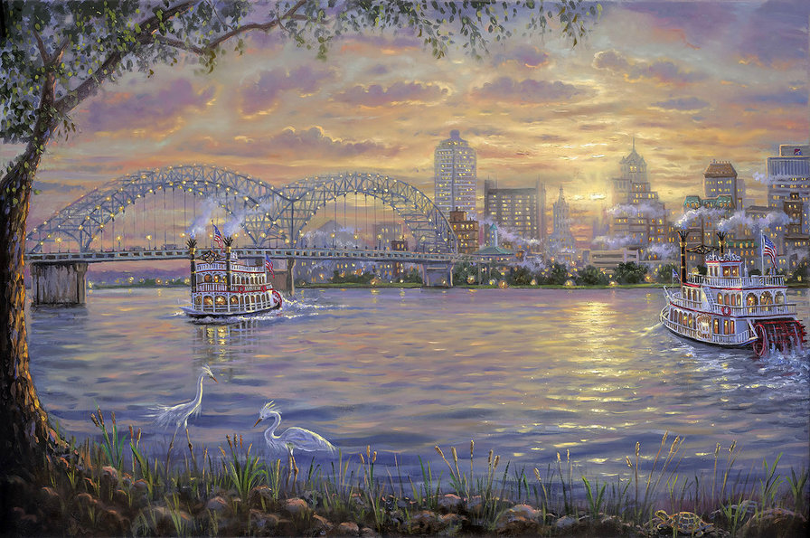 Мост - море, город, мост, пароход - оригинал