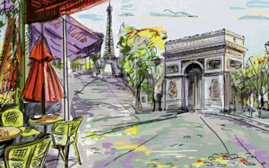 парижская улочка - париж, улица, фонарь, франция, город, рисунок, эйфелева башня - предпросмотр