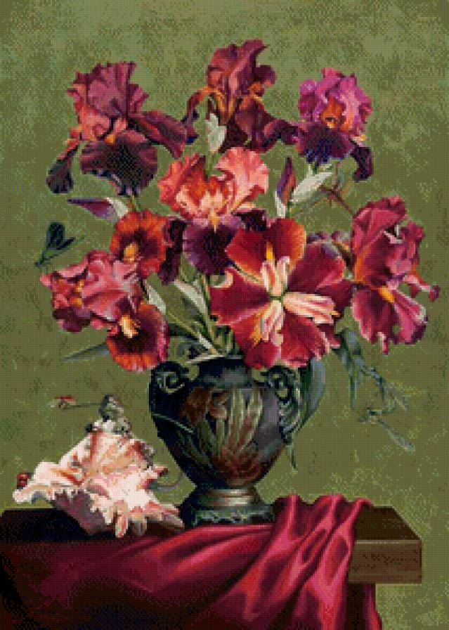 ирисы и ракушка - акварель, ракушка, букет, цветы, живопись, ирисы, ваза - предпросмотр