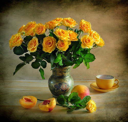 розы - розы, персики, натюрморд, цветы - оригинал
