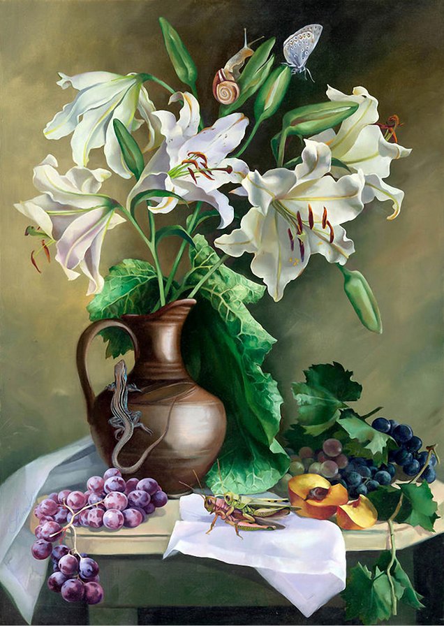 лилии в кувшине - букет, живопись, кувшин, виноград, масло, лилии, ваза, цветы - оригинал