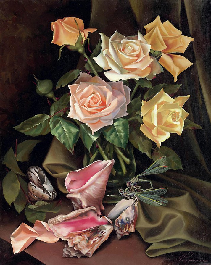 розы и ракушки - живопись, ракушки, цветы, букет, натюрморт, розы - оригинал