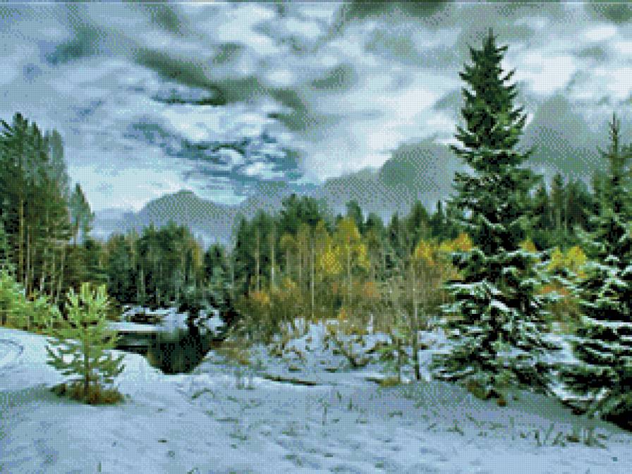 первый снег - пейзаж, зима, лес, картина, небо - предпросмотр