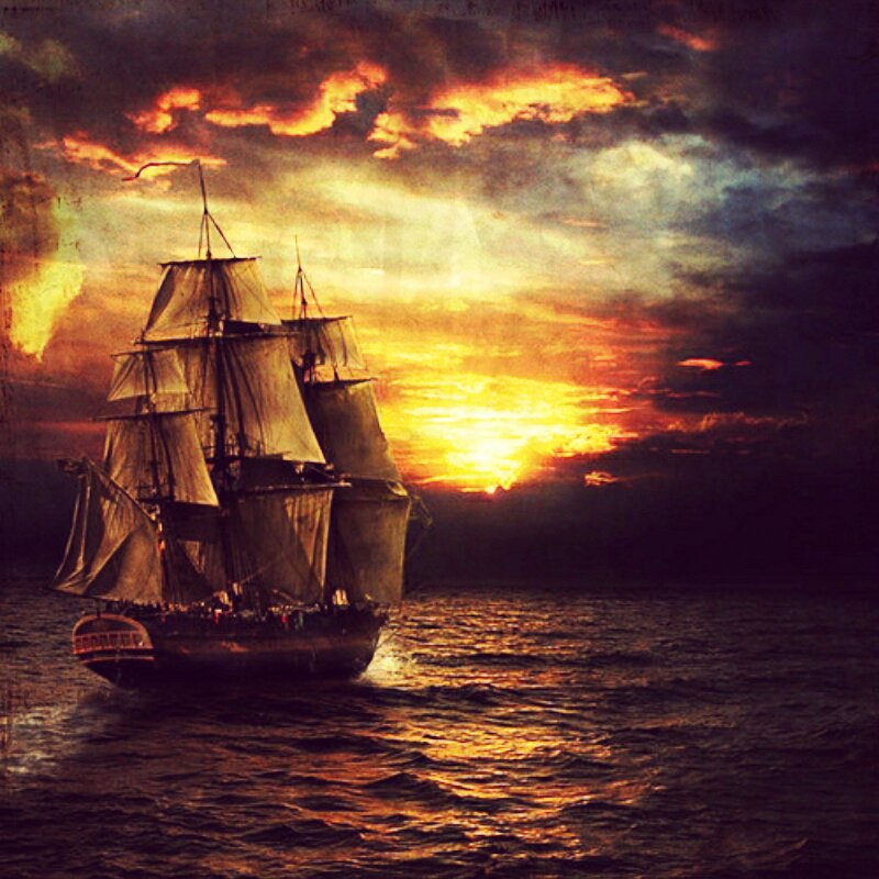 Корабль на закате - корабль, закат, море - оригинал
