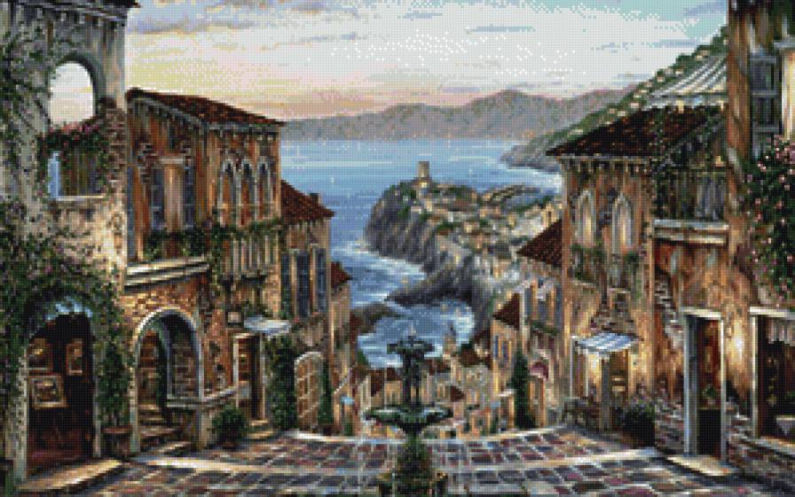 Город у побережья - море, город, фонтан - предпросмотр