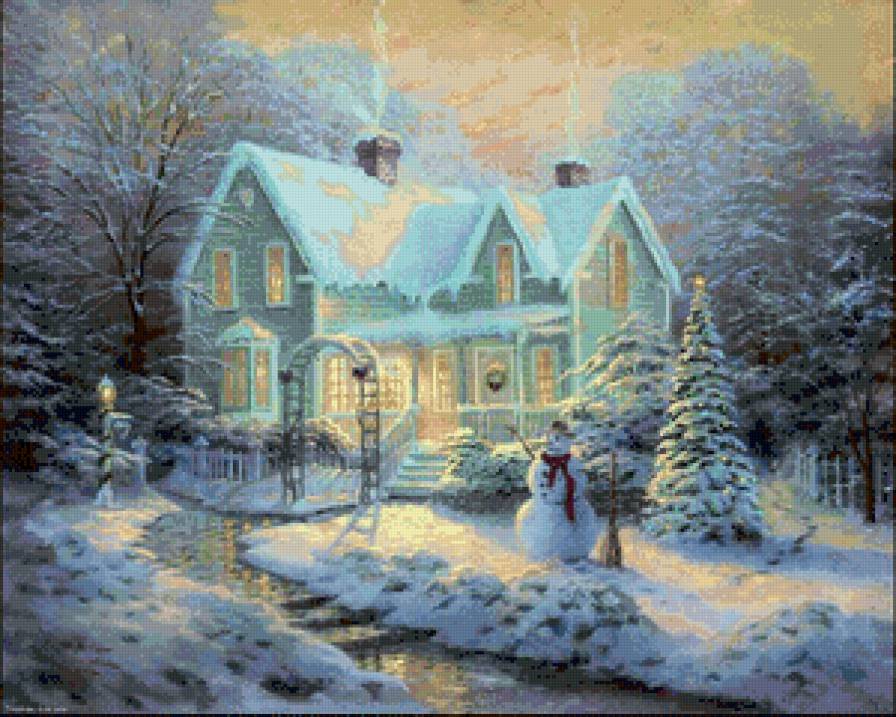 Домик - снеговик, елка, зима - предпросмотр