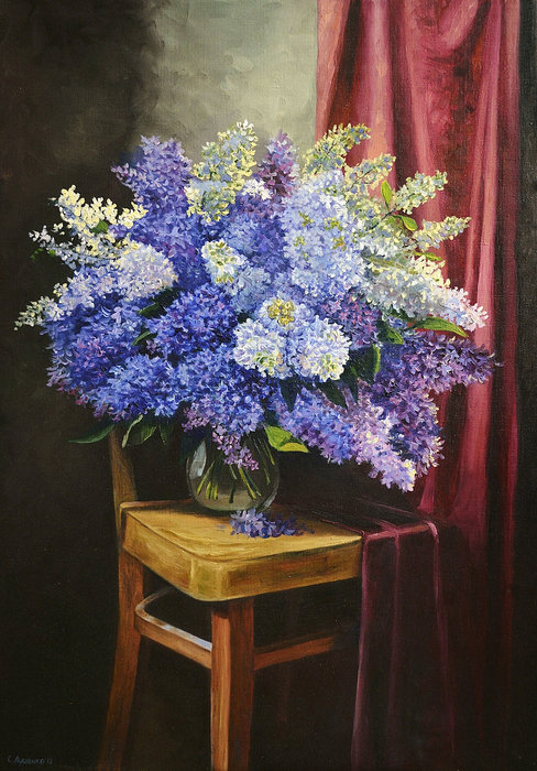 сирень на стуле - нежность, ваза, сирень, букет, стул, живопись, натюрморт, весна - оригинал