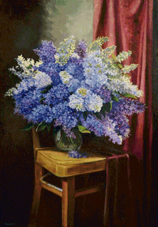 сирень на стуле - сирень, весна, натюрморт, нежность, букет, живопись, стул, ваза - предпросмотр