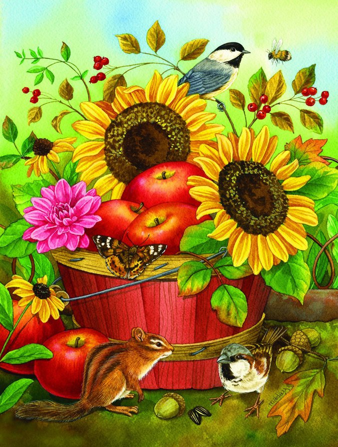 урожай - животные, оень, бурундучки, фрукты, птицы, подсолнухи, яблоки - оригинал