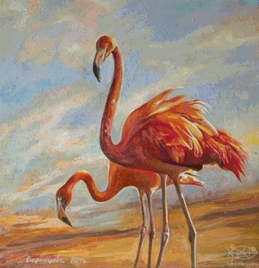 розовые фламинго - пара, птицы, живопись, фламинго - предпросмотр