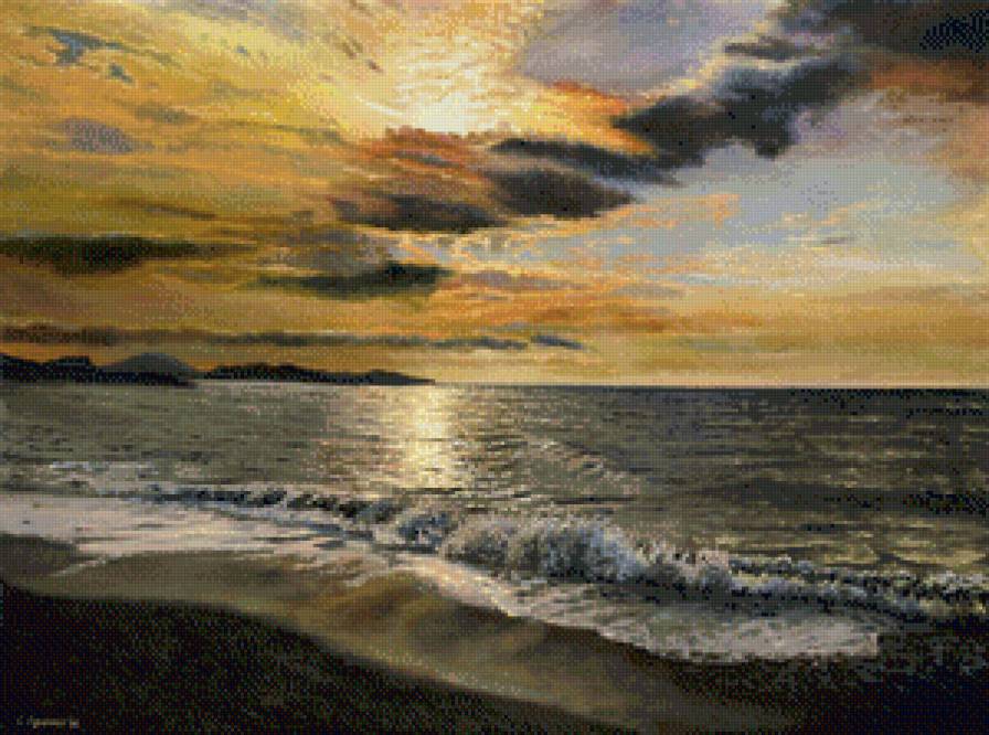 закат на море - прибой, закат, облака, небо, живопись, волны, море - предпросмотр