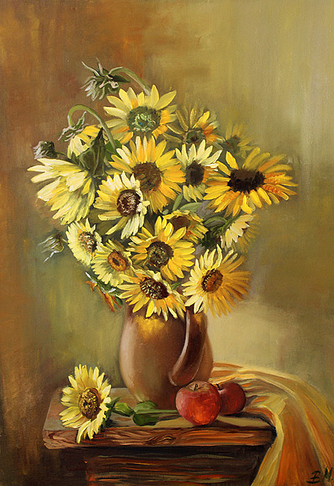 подсолнухи - кухня, натюрморт, яблоки, живопись, букет, подсолнух, ваза - оригинал