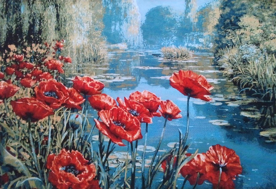 панно с маками - река, цветы, акварель, живопись, пейзаж, мак - оригинал