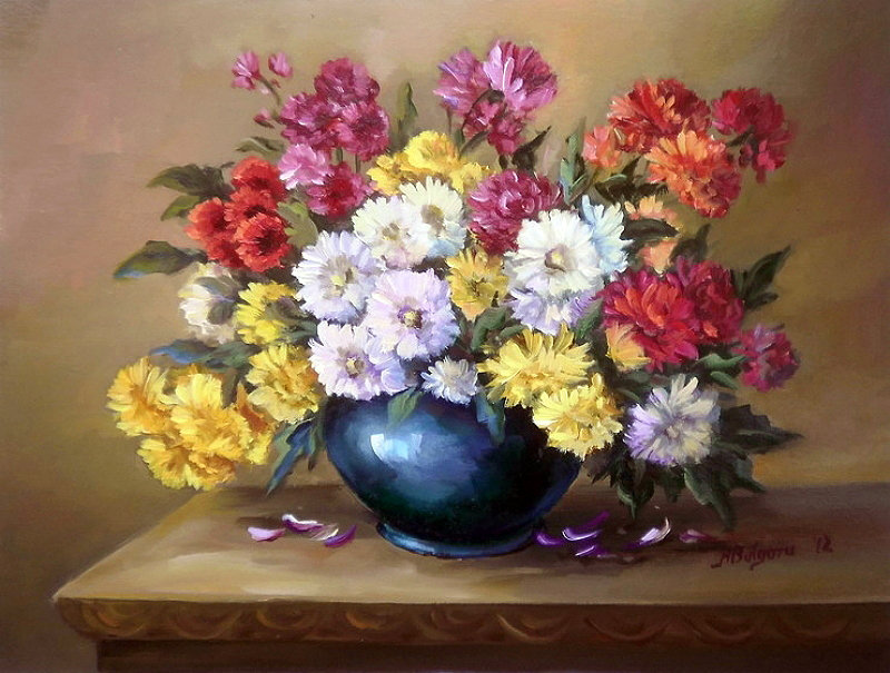 букет цветов в вазе - живопись, хризантемы, ваза, акварель, букет, цветы - оригинал