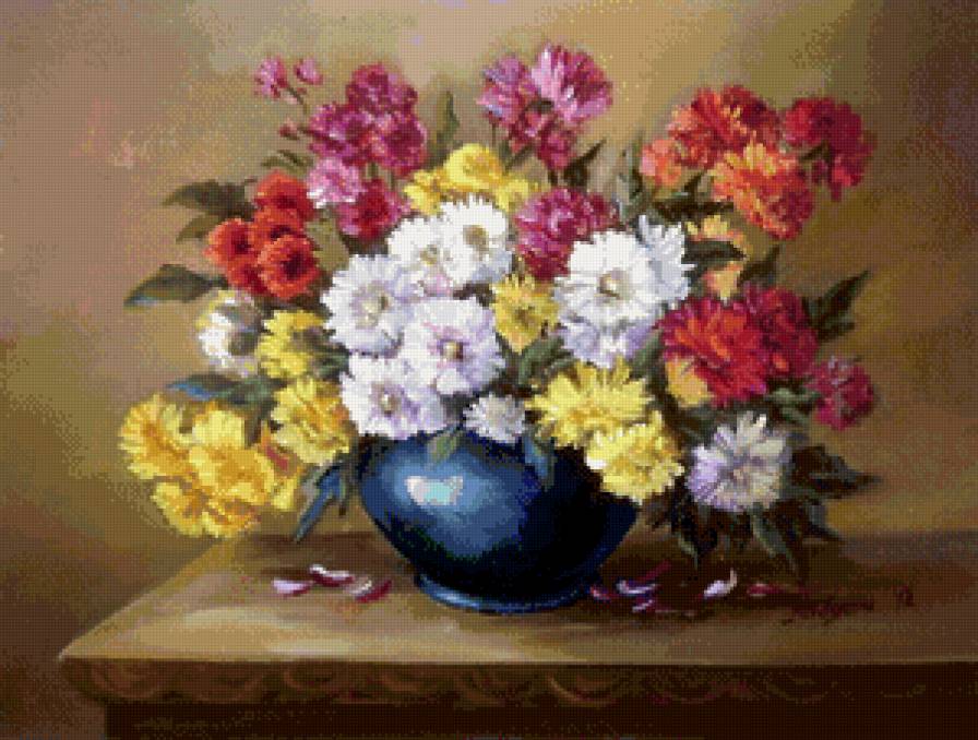 букет цветов в вазе - ваза, живопись, цветы, акварель, хризантемы, букет - предпросмотр