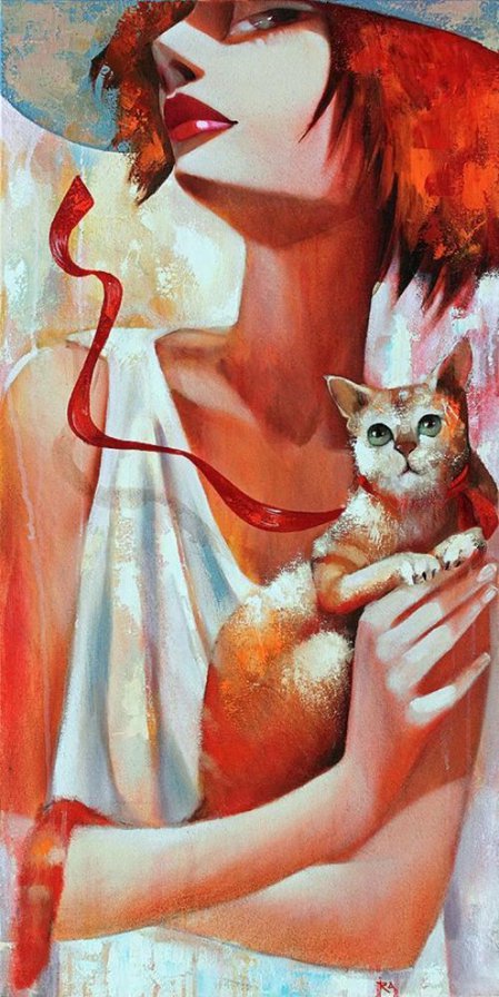 девушка с кошкой - графика, мода, девушка, женщина, кошка, портрет, кот, красота - оригинал