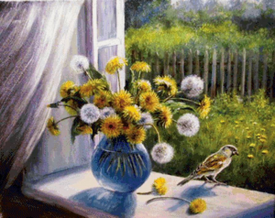 букет одуванчиков на окне - воробей, окно, ваза, одуванчики, лето, букет, живопись - предпросмотр