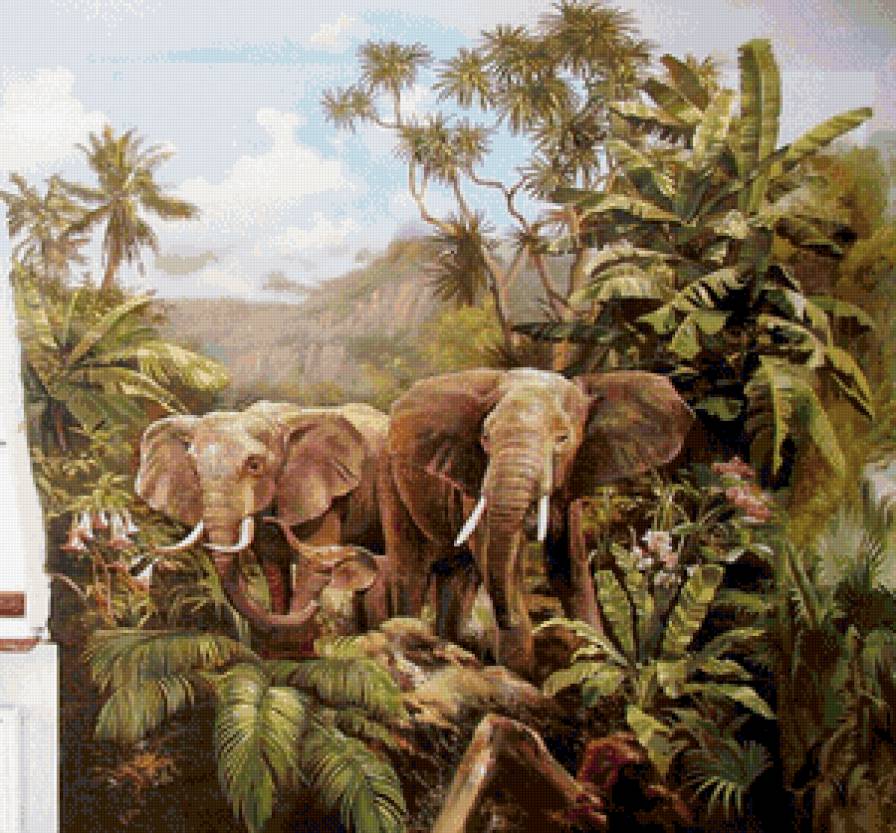 семья слонов - слон, животные, живопись, природа, семья - предпросмотр