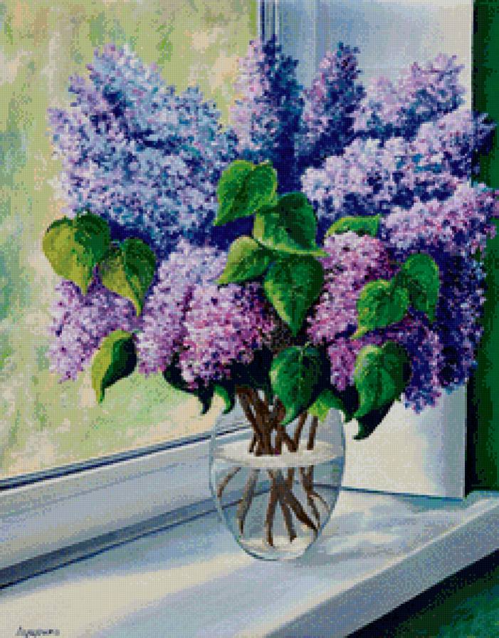 сирень на подоконнике - букет, ваза, живопись, сирень, весна, нежность, окно, натюрморт - предпросмотр