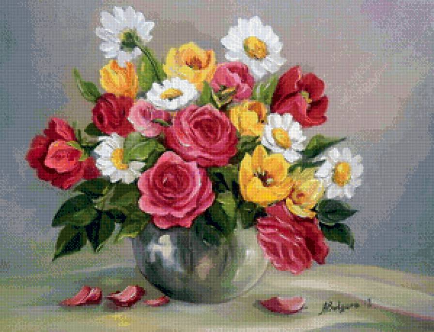 букет цветов в вазе - живопись, букет, ваза, цветы, акварель, кухня - предпросмотр