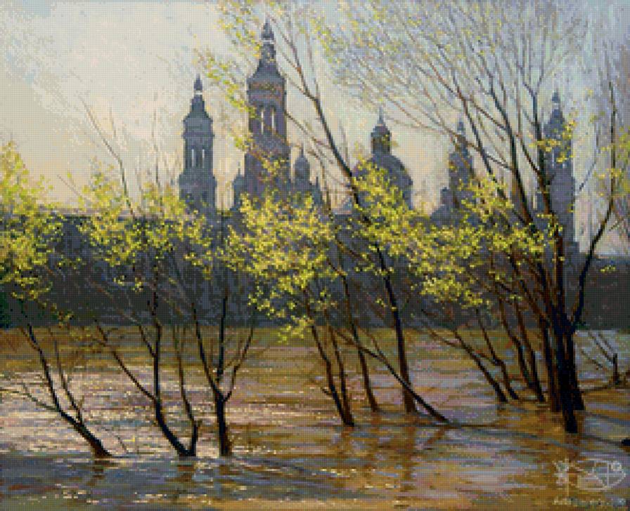 весенний паводок - природа, весна, живопись, храм, паводок, церковь, пейзаж, река - предпросмотр