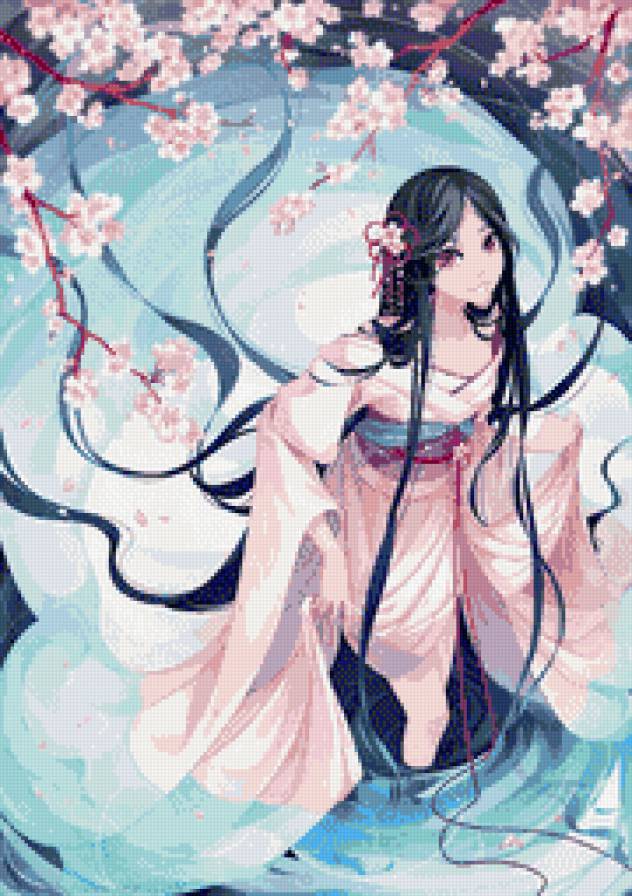 №838142 - кимоно, девушка, сакура, вода - предпросмотр