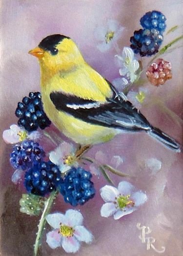 Желтая птичка - цветы, птицы, ветки - оригинал