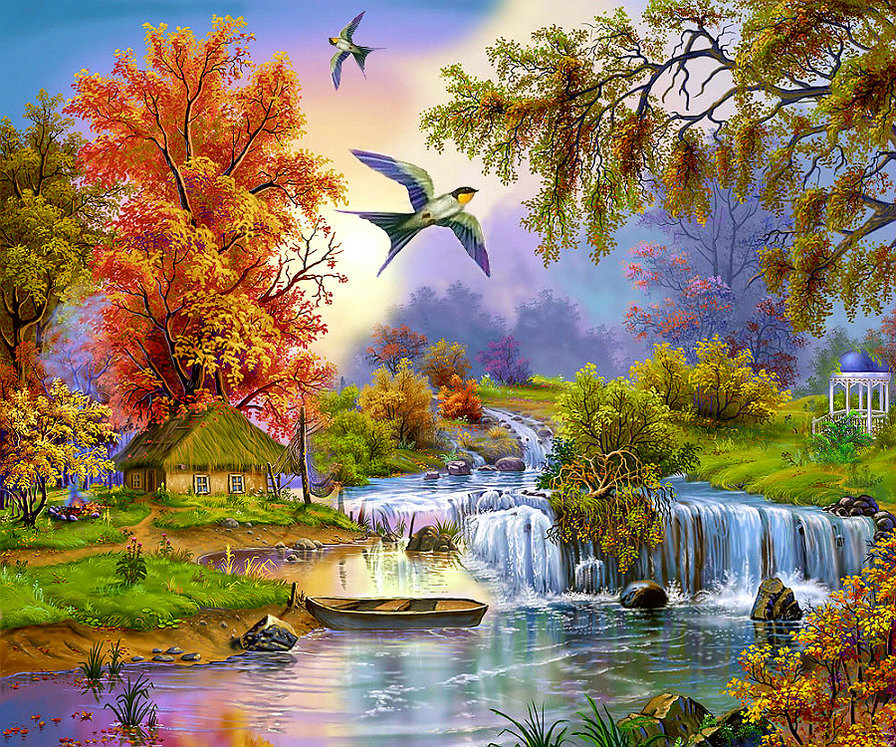осенний пейзаж - ласточки, река, золото, природа, лодка, водопад, осень, дерево - оригинал