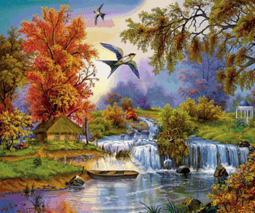 осенний пейзаж - река, водопад, ласточки, дерево, осень, золото, природа, лодка - предпросмотр
