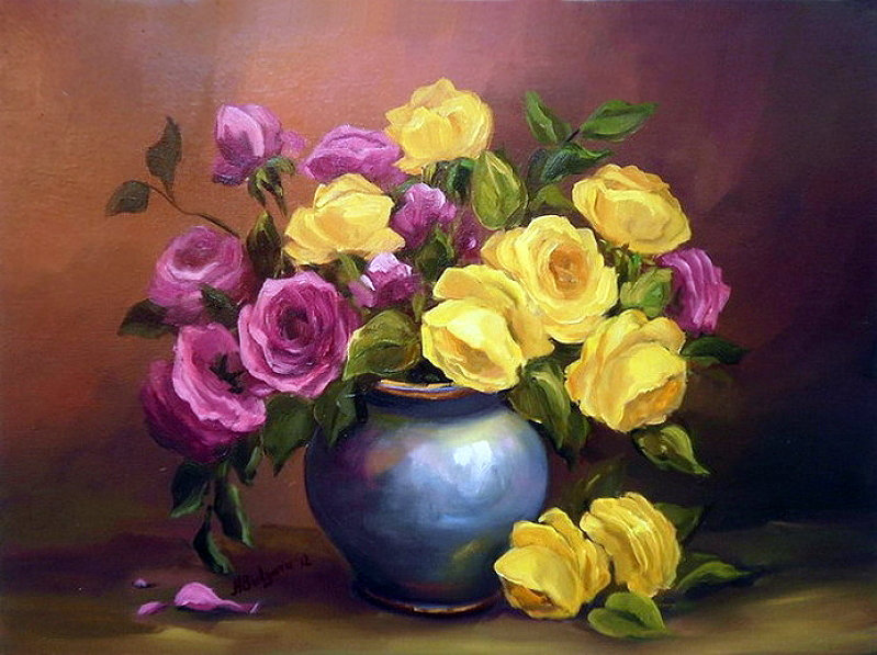 розы в вазе - живопись, цветы, букет, натюрморт, ваза, роза - оригинал
