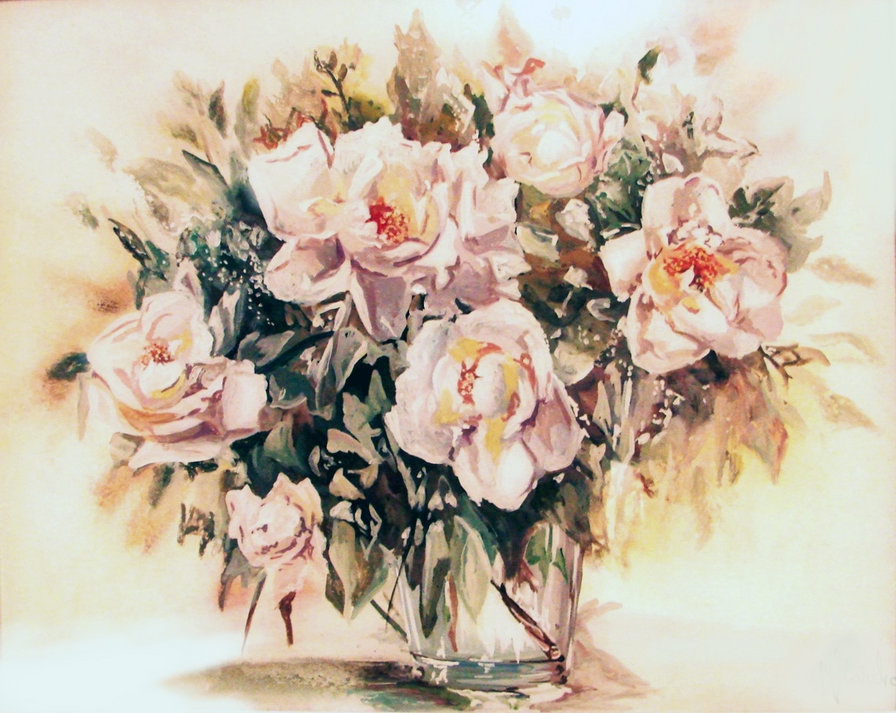 нежные розы - букет, цветы, живопись, ваза, горшок, натюрморт, розы - оригинал
