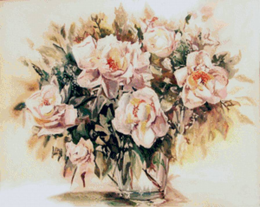 нежные розы - ваза, натюрморт, розы, горшок, цветы, живопись, букет - предпросмотр