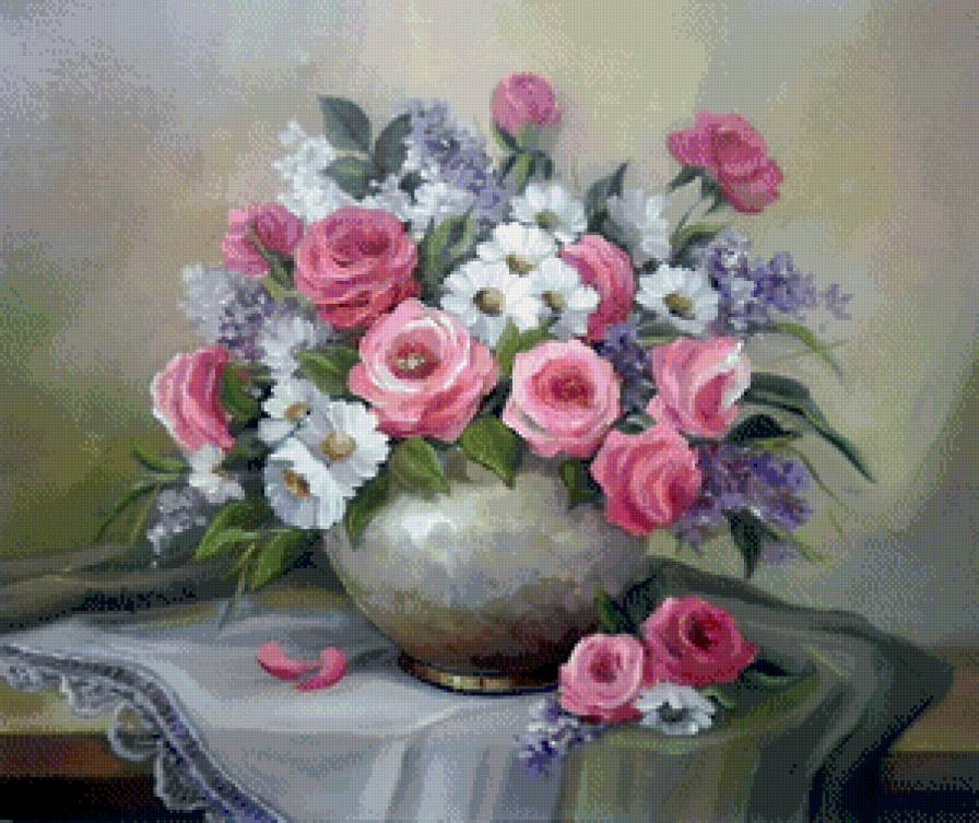 букет роз и ромашек - цветы, ваза, букет, ромашки, розы, сирень, натюрморт - предпросмотр