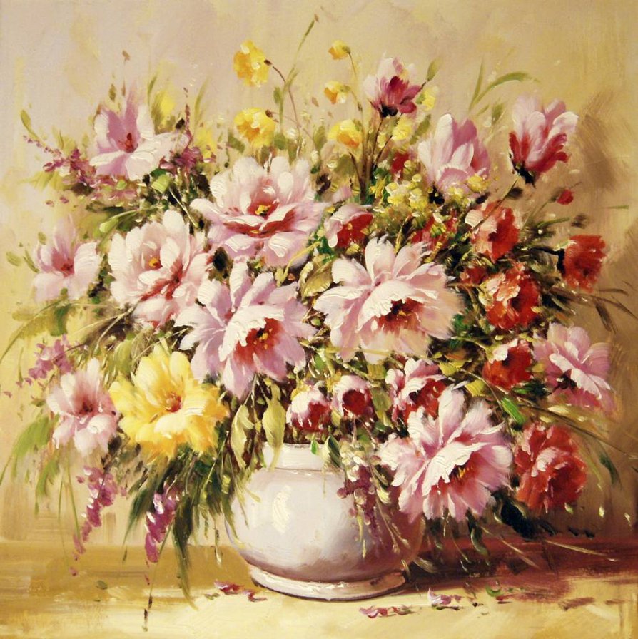 Букет чайных роз в белой вазе. А. Джанильятти - розы, цветы, живопись, картина - оригинал