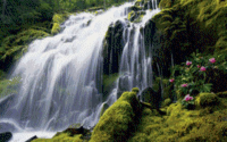 Водопад) - скалы, гора, цветы, холмы, водопад, пейзаж - предпросмотр