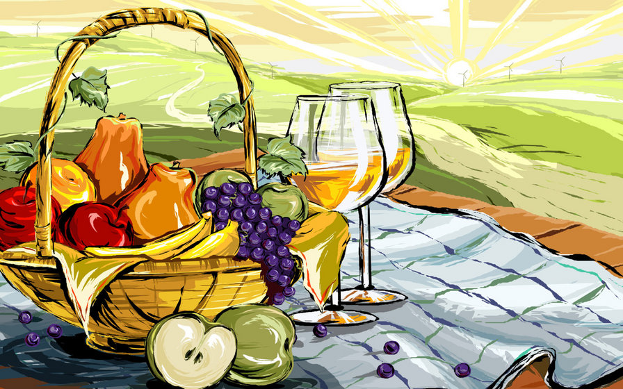 яркий натюрморт - фрукты, виноград, пейзаж, прованс, натюрморт, кухня, вино - оригинал
