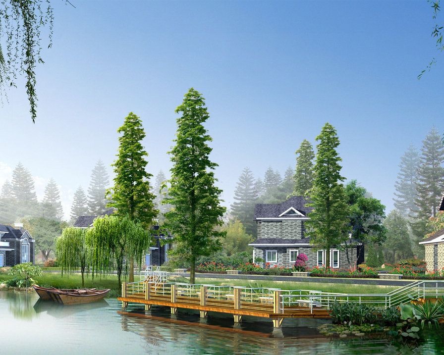 дом у воды - забор, дом, вода - оригинал